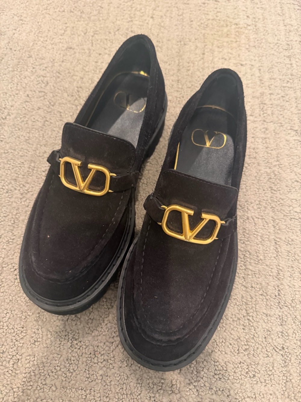 Valentino Garavani Women’s Black Suede Loafers with Gold V Logo